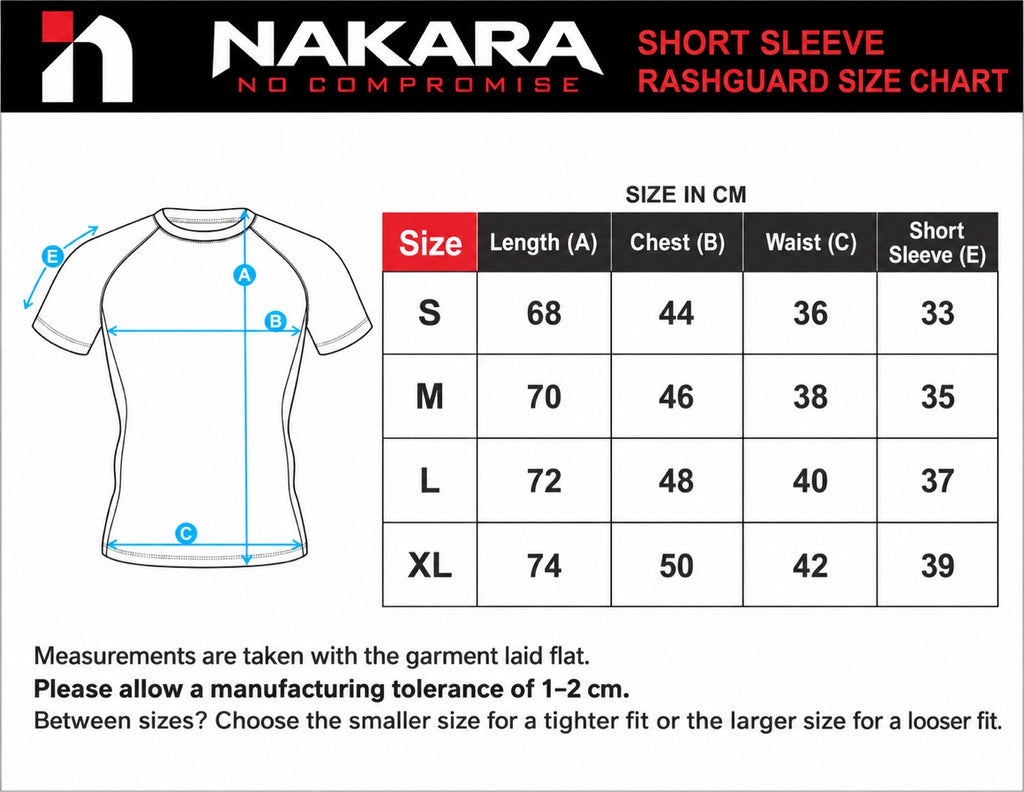 NAKARA short sleeve rash guard size chart