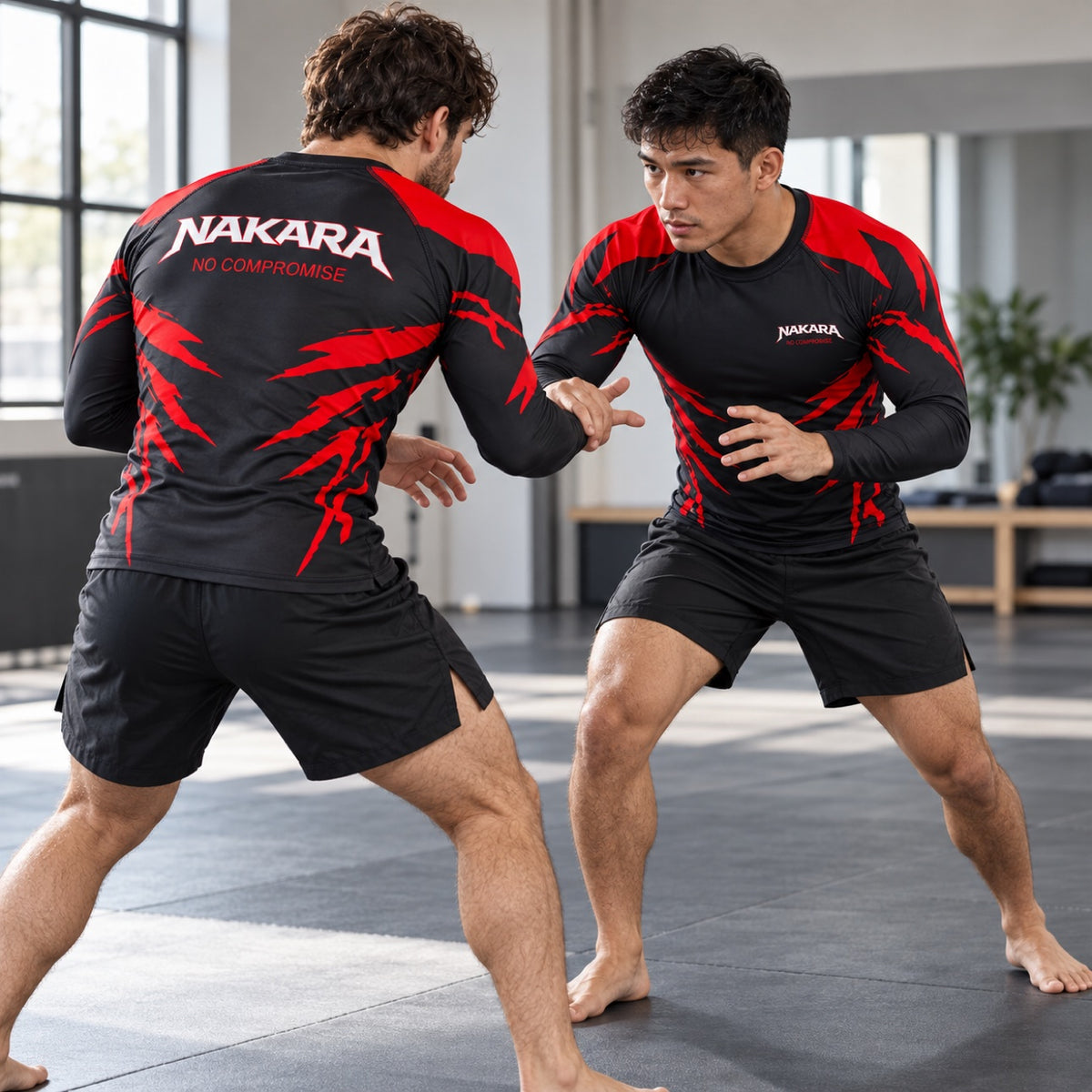 NAKARA rash guard in No-Gi training, front and back
