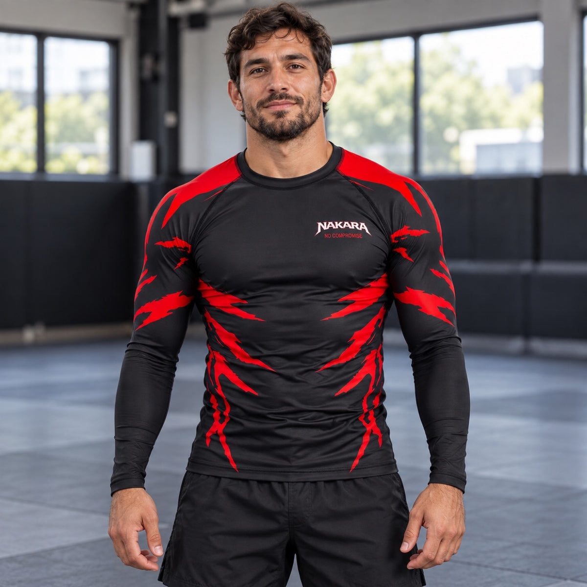 NAKARA rash guard worn in the gym, front