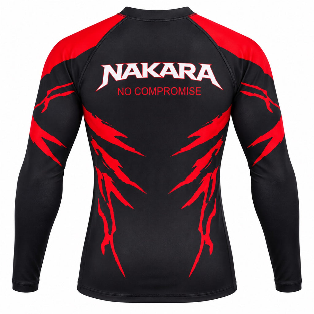 NAKARA long sleeve rash guard, back with NAKARA No Compromise print