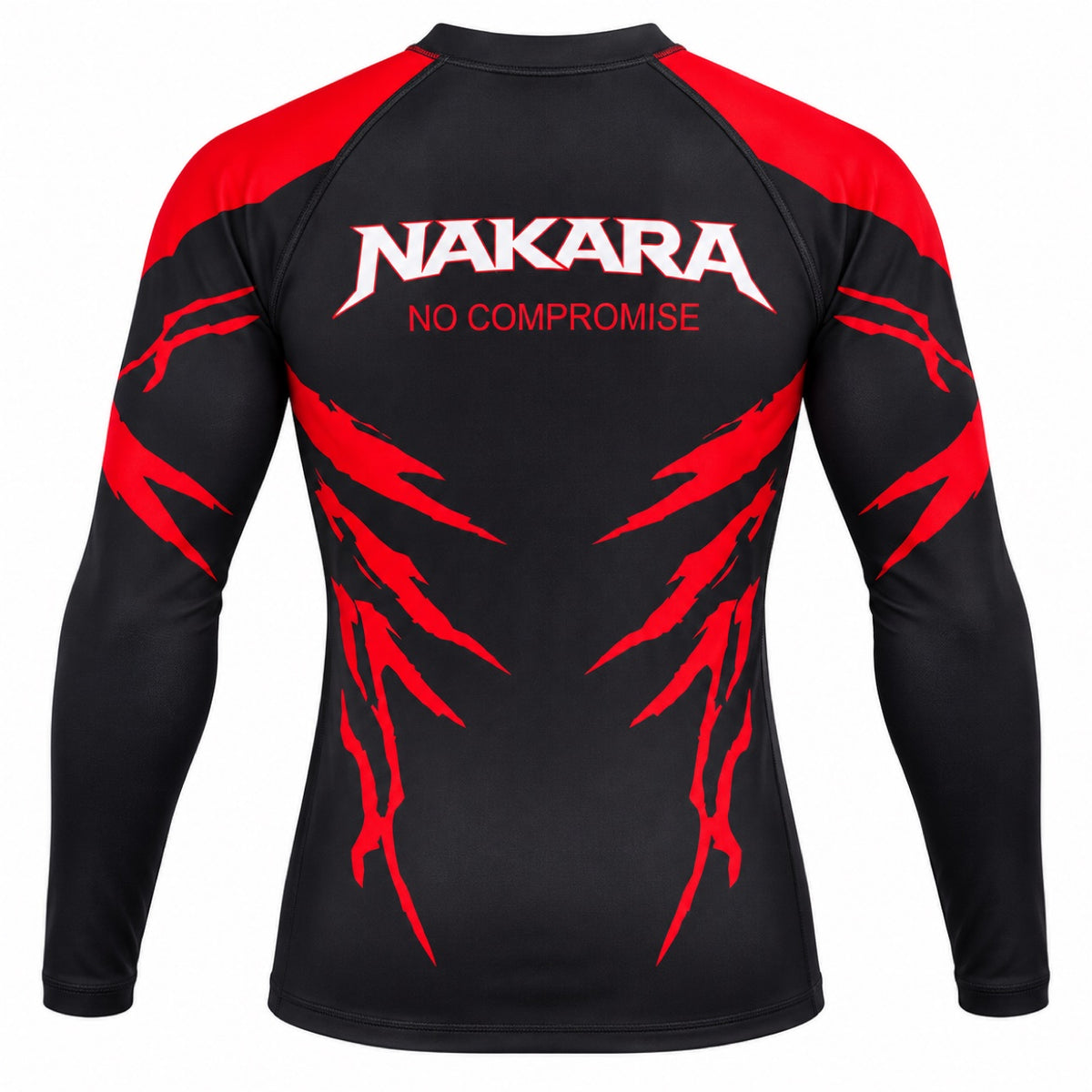 NAKARA long sleeve rash guard, back with NAKARA No Compromise print