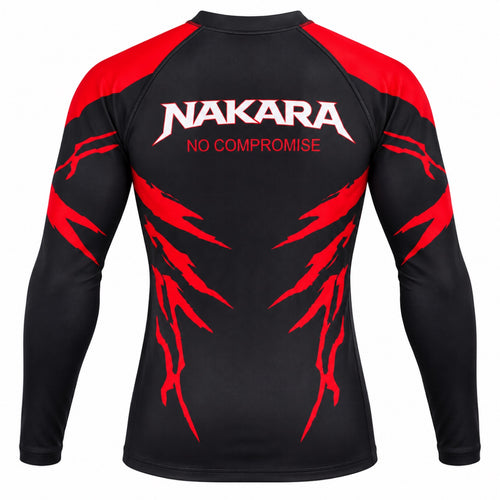 NAKARA long sleeve rash guard, back with NAKARA No Compromise print
