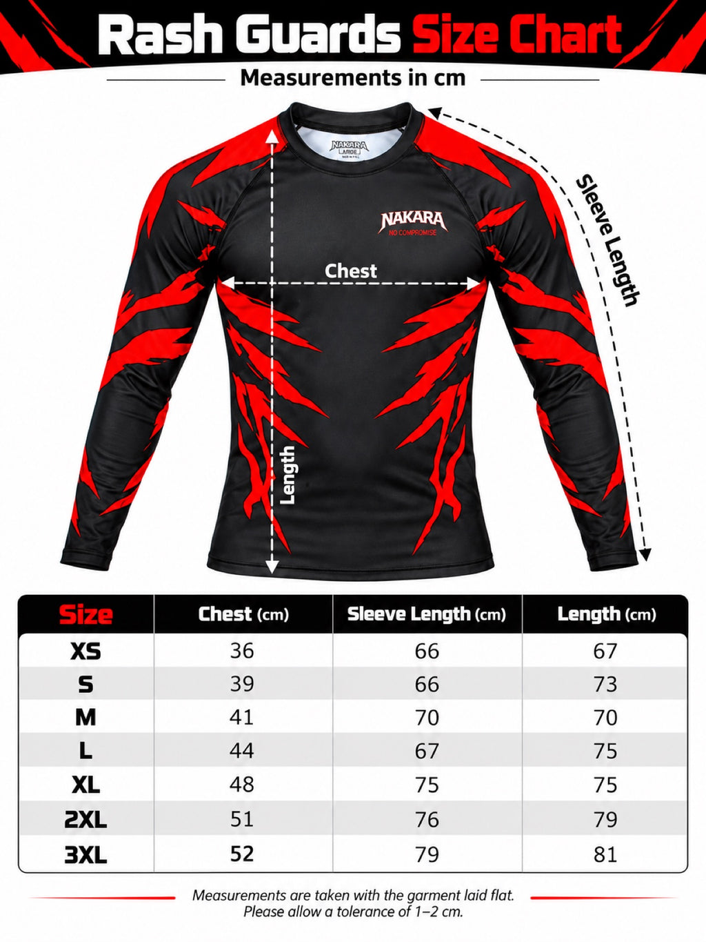 NAKARA rash guard size chart
